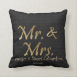 Mr and Mrs Gold script black burlap Wedding Throw Pillow<br><div class="desc">Wonderful wedding gift,  luxury gold letters,  Mr and Mrs script on black burlap pillow.
You can add your own names and date.
If you need help please contact me at pixelshoot3@gmail.com</div>
