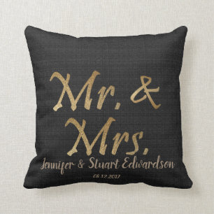 Mr and Mrs Gold script black burlap Wedding Throw Pillow
