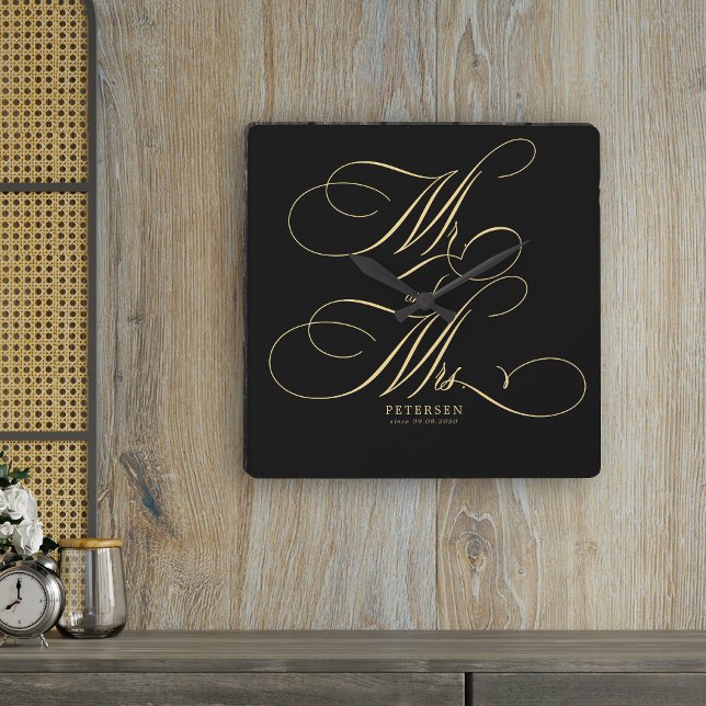 Mr and Mrs gold script name personalized black Square Wall Clock (Creator Uploaded)