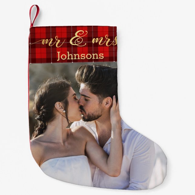 mr and mrs gold script newlyweds photo small christmas stocking (Front)