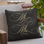 Mr and Mrs gold script personalized wedding black Throw Pillow<br><div class="desc">Elegant classic faux gold script Mr. and Mrs. wedding solid black pillow personalized with last name and wedding date.</div>