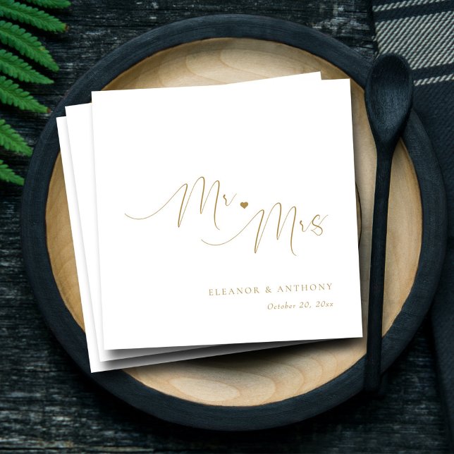 Mr and Mrs Gold Script Personalized Wedding Napkin (Elegant Gold Script Mr and Mrs Love Heart Wedding Napkins)