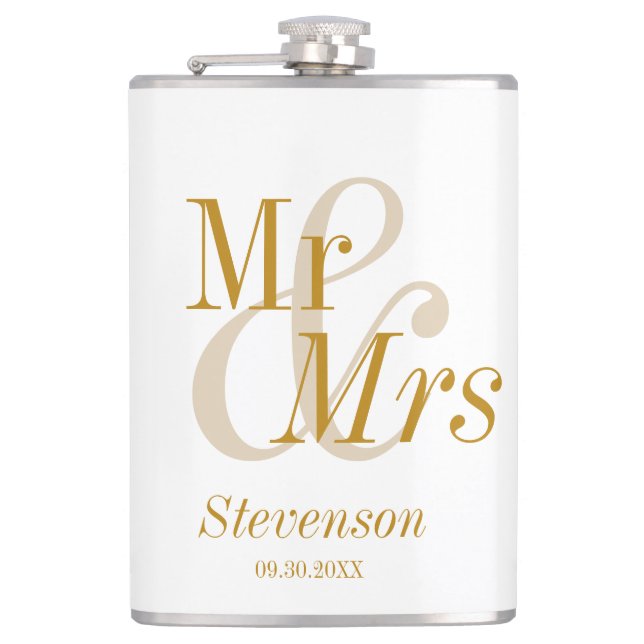 Mr and Mrs Gold Script Wedding Gift Hip Flask (Front)