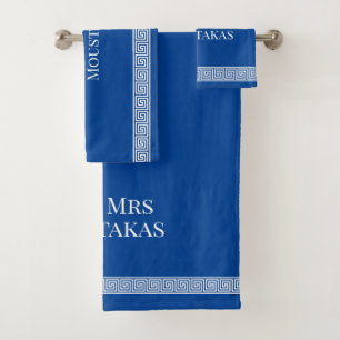 Mr and Mrs Greek key meander border pattern blue Bath Towel Set