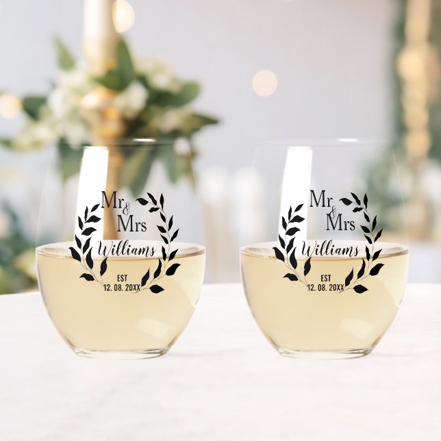 Mr And Mrs Greenery Anniversary Family Name Est Stemless Wine Glass (Insitu (Wedding))