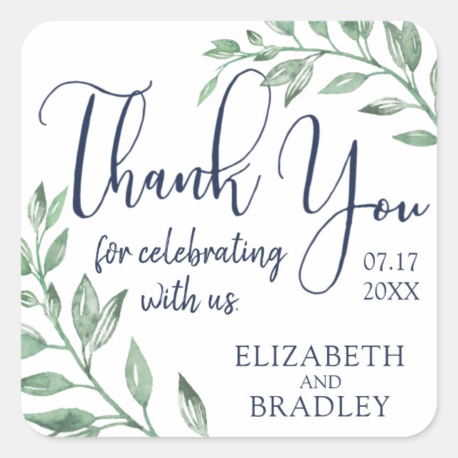 MR AND MRS Greenery Navy Blue Wedding Thank You Square Sticker (Front)