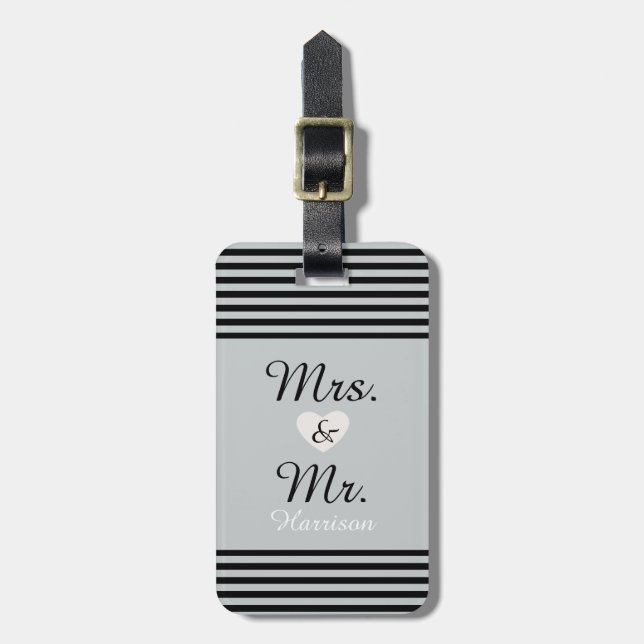 Mr. and Mrs. Grey Black Stripes Luggage Tag (Front Vertical)