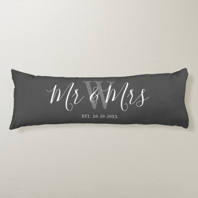 Mr and Mrs Grey White Script Custom Monogram  Body Pillow (Front)