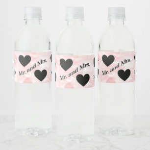 Mr. and Mrs. Hearts Black White Pastel Watercolor Water Bottle Label