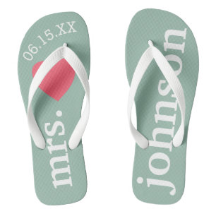 Mr. and Mrs. Honeymoon Heart - Teal pink Flip Flops