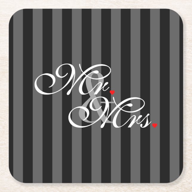 Mr. and Mrs. Husband Wife His Hers Newly Weds Square Paper Coaster (Front)