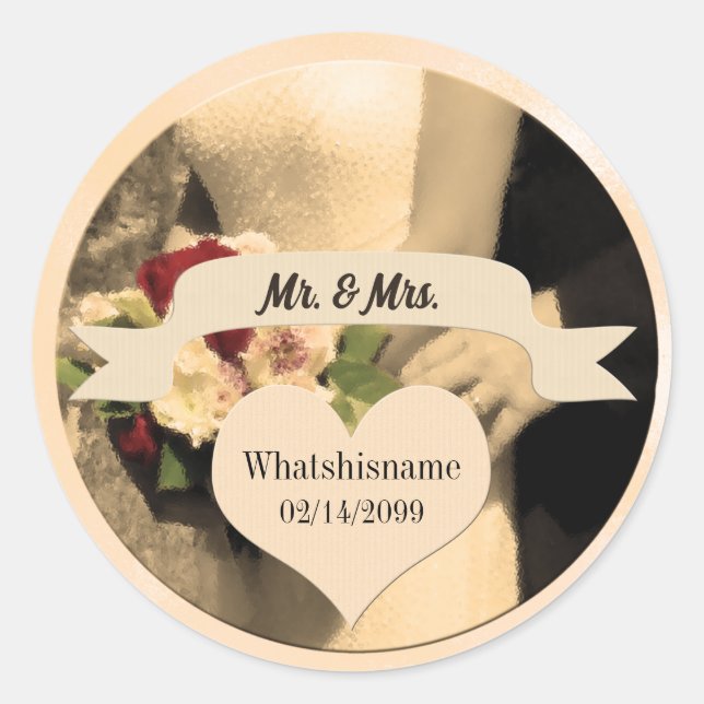 Mr and Mrs in Sepia with Wedding Date Classic Round Sticker (Front)