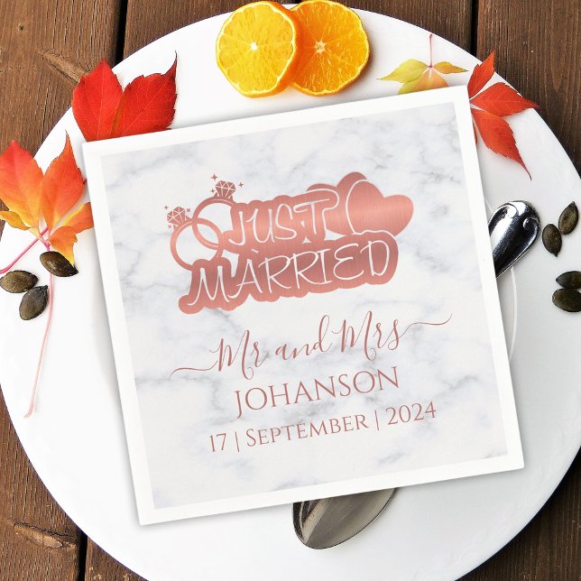 Mr and Mrs Just Married Rose Gold Newlyweds Napkin (Creator Uploaded)