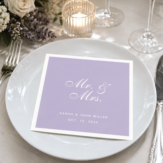 Mr. and Mrs. Lavender Wedding Purple White Script Napkin (Creator Uploaded)