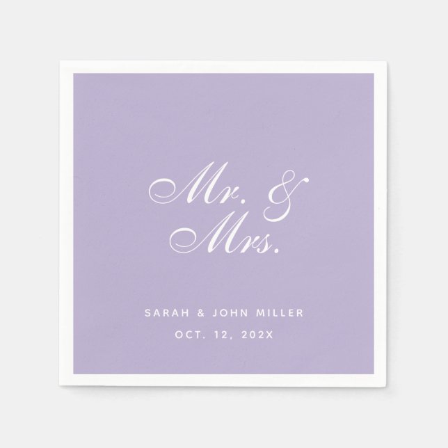 Mr. and Mrs. Lavender Wedding Purple White Script Napkin (Front)