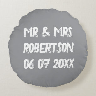 Mr and Mrs light grey vintage typography Round Pillow