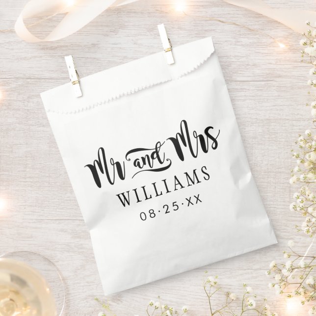 Mr and Mrs Modern Black Handwritten Script Wedding Favour Bag (Clipped)