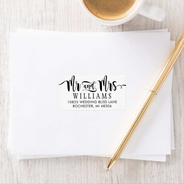 Mr and Mrs Modern Black Handwritten Script Wedding Label (Insitu)