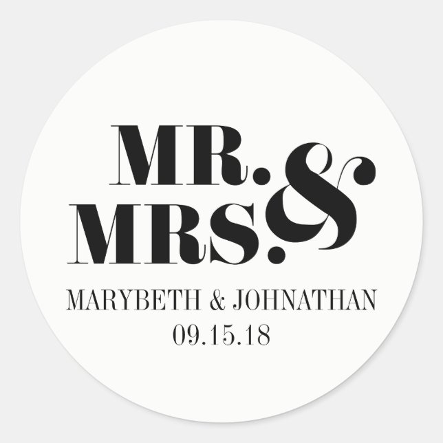 Mr and Mrs Modern Bold Wedding Favour Sticker (Front)