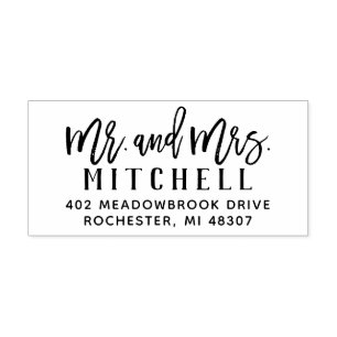 Mr and Mrs Modern Brushed Script Return Address Rubber Stamp