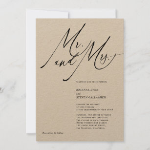 Mr and Mrs Modern Calligraphy black  White Wedding Invitation