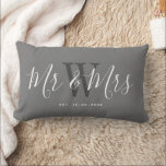 Mr And Mrs Modern Grey White Keepsake Monogram Lumbar Pillow<br><div class="desc">Surprise a newly married couple with this Mr. And Mrs. Modern Grey White Keepsake Monogram Lumbar Pillow. It is an elegant design with a light grey background. The centre has bride and groom's last name monogram letter in dark grey. The text is "Mr. and Mrs." in white trendy handwritten script...</div>