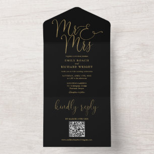 Mr And Mrs Modern QR Code Black And Gold Wedding All In One Invitation