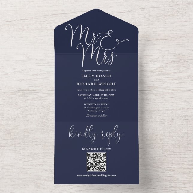Mr And Mrs Modern QR Code Navy Blue Wedding All In One Invitation (Inside)