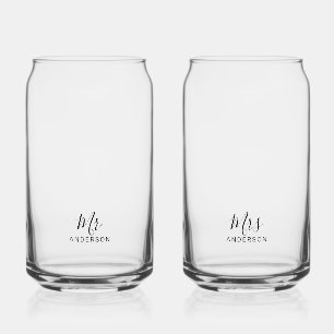 Mr and Mrs   Modern Script Personalized Can Glass