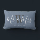 Mr And Mrs Modern Script Typography Personalized  Lumbar Pillow<br><div class="desc">Welcome friends and family to your home with this Mr And Mrs Newlyweds Script Typography Personalized Lumbar Pillow. It is an elegant design with a modern dusty blue background. The centre has bride and groom's last name monogram letter in light grey. The text is "mr and mrs" in white trendy...</div>