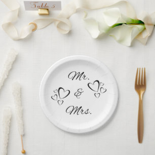 Mr and Mrs Modern Script White Wedding  Paper Plate