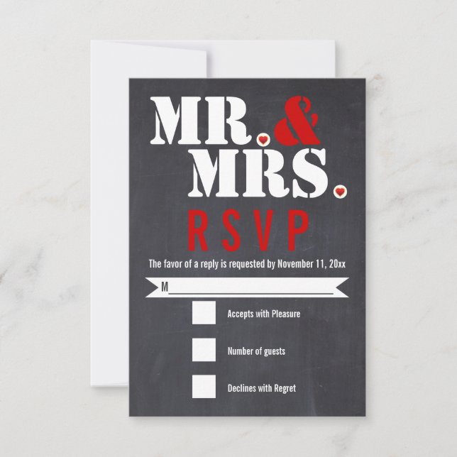 Mr. and Mrs. Modern typography black, red RSVP Card (Front)