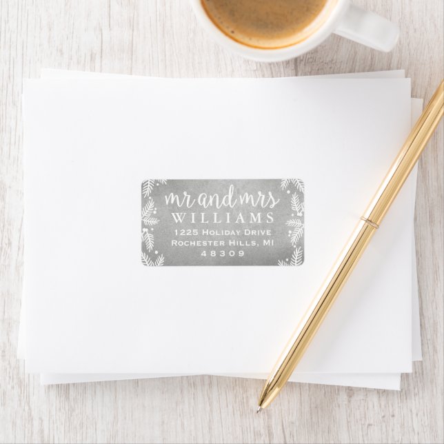 Mr and Mrs Monogram Silver Holiday Return Address Label (Insitu)
