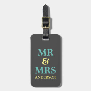 MR and MRS Monogrammed Travel Tag Teal Yellow Grey