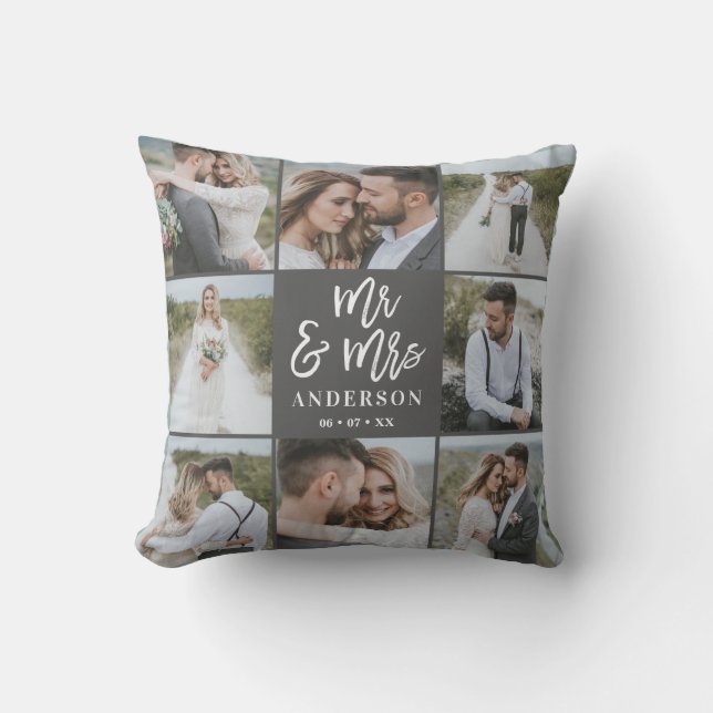 Mr and Mrs multi photo wedding family gift Outdoor Pillow (Front)