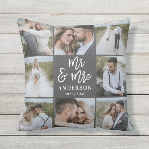 Mr and Mrs multi photo wedding family gift Outdoor Pillow