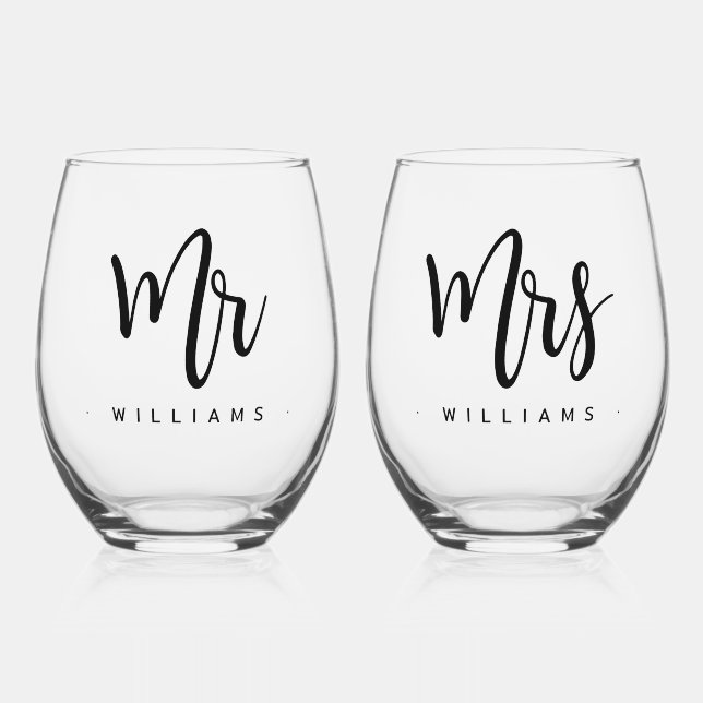 Mr and Mrs name calligraphy script wedding Stemless Wine Glass (Front)