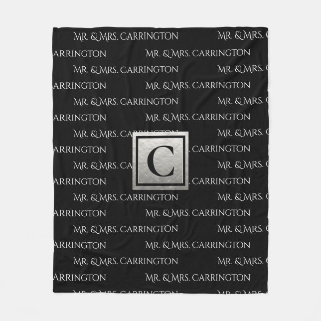 Mr. And Mrs. Name Monogram Black White Fleece Blanket (Front)