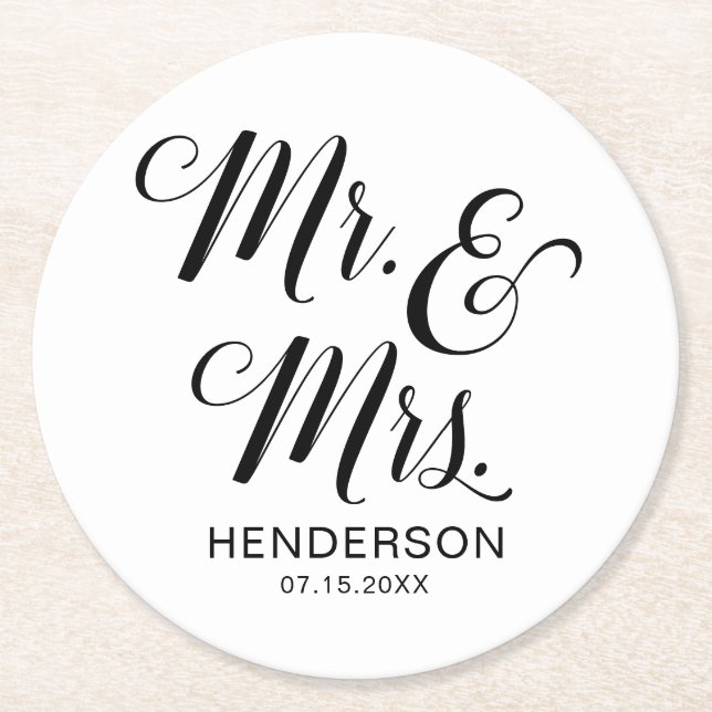 Mr. and Mrs. Name Wedding Round Paper Coaster (Front)