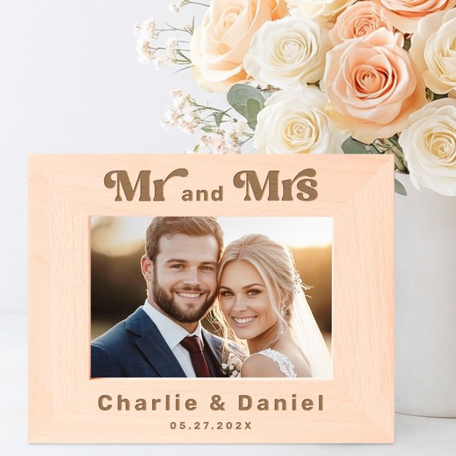 Mr and Mrs names wedding date bold retro font Etched Frames (Mr and Mrs names wedding date bold retro font Etched Frames)