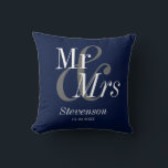 Mr and Mrs  Navy Blue Elegant Modern Wedding Gift Throw Pillow<br><div class="desc">Mr and Mrs Gold Script Elegant Modern Wedding Gift Throw Pillow. Perfect keepsake gift for your favourite newly weds,  couple and wedding party. Easy to customize. Get yours today!</div>