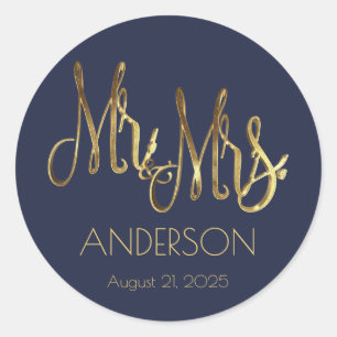 Mr. and Mrs. Navy Blue Faux Gold Foil Typography Classic Round Sticker