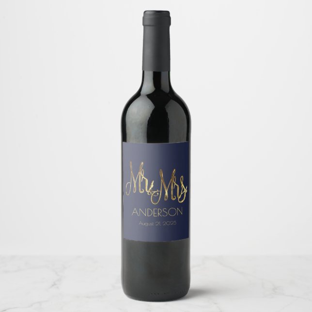 Mr. and Mrs. Navy Blue Faux Gold Foil Typography Wine Label (Front)
