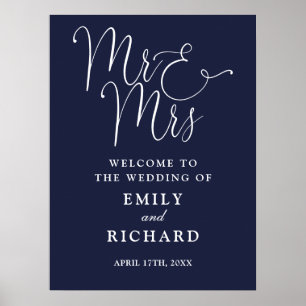 Mr And Mrs Navy Blue Wedding Welcome Sign