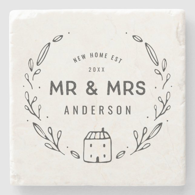 Mr and Mrs new home or newly wed Stone Coaster (Front)
