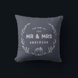 Mr and Mrs new home tartan backer Throw Pillow<br><div class="desc">Mr and Mrs new home or newly wed cushion. Hand drawn floral and little house details. Tartan check backer background colour can be altered.</div>