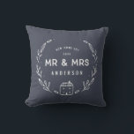 Mr and Mrs new home tartan backer Throw Pillow<br><div class="desc">Mr and Mrs new home or newly wed cushion. Hand drawn floral and little house details. Tartan check backer background colour can be altered.</div>