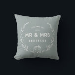 Mr and Mrs new home Throw Pillow<br><div class="desc">Mr and Mrs new home or newly wed cushion. Hand drawn floral and little house details. Background colour can be altered.</div>