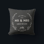 Mr and Mrs new home Throw Pillow<br><div class="desc">Mr and Mrs new home or newly wed cushion. Hand drawn floral and little house details. Background colour can be altered.</div>