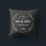 Mr and Mrs new home Throw Pillow<br><div class="desc">Mr and Mrs new home or newly wed cushion. Hand drawn floral and little house details. Background colour can be altered.</div>